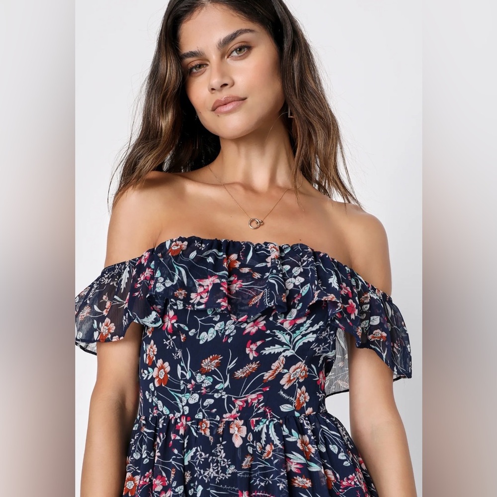 Lulu's Off The Shoulder Floral Navy Dress - Picture 2 of 9